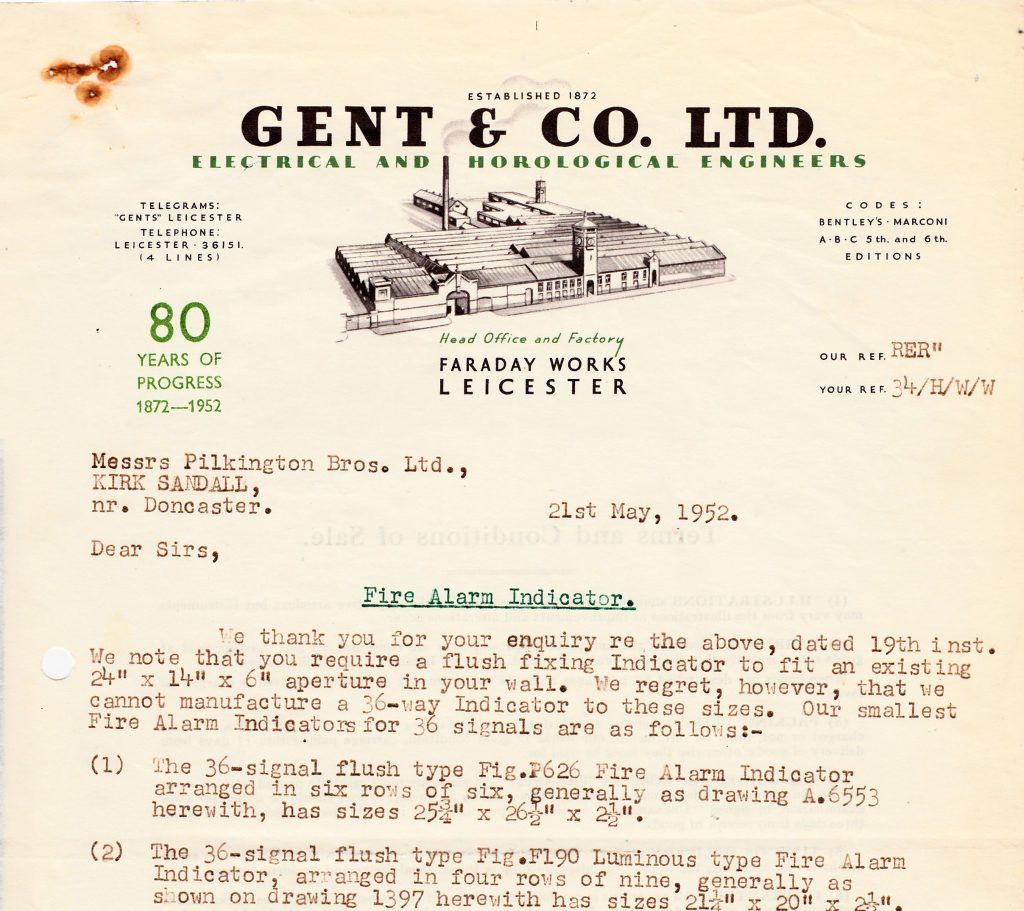 Gents of Leicester Customer Order Letters Pilkingtons Bros. (Glass) for Fire Alert Indicators